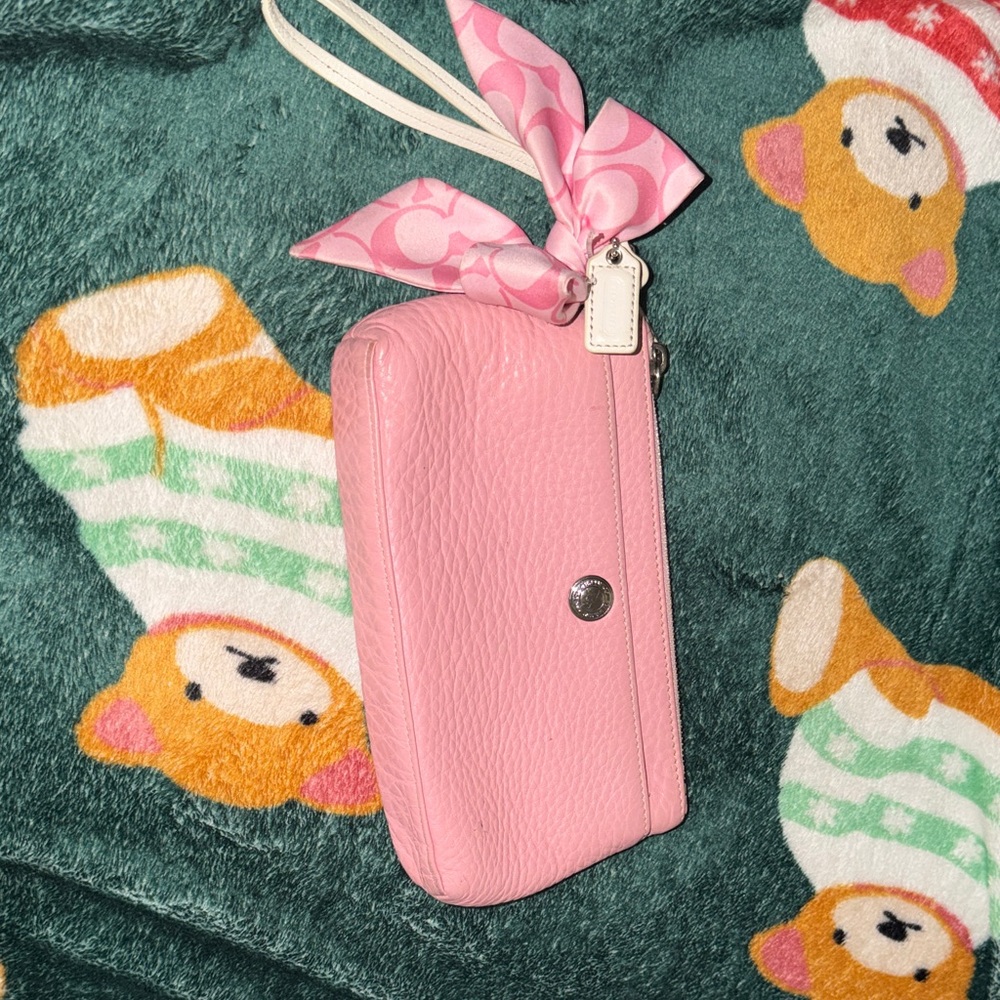 Coach Pink Pebbled Leather Wristlet with Signature Scarf